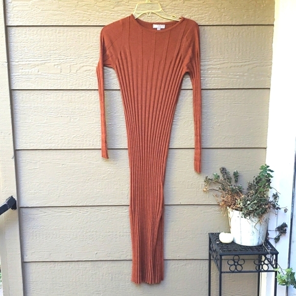Asos Rust Brown Ribbed Long Sleeve Shift Dress 2 - Picture 3 of 11